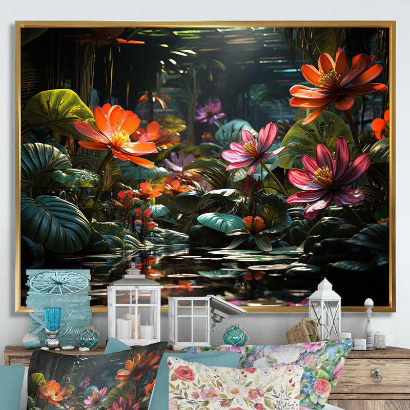 «Fantasy Jungle Plants», reproduction sur toile, Cadre flottant doré, H 12 po x l 20 po x P 1 po