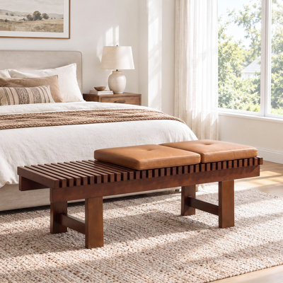 Aadi 59.5" Mid-Century Solid Wood Slatted Bench with 2 Removable Cushions