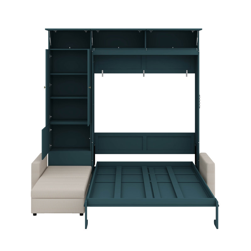 Grand lit escamotable avec canapé et tablettes intégrées, Vert / Beige 