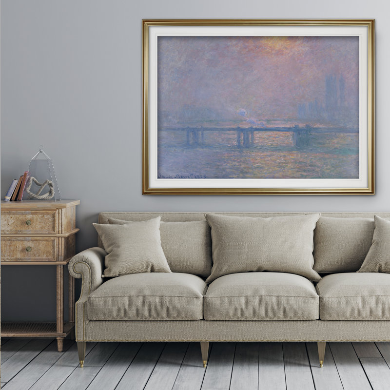 «Charing Cross Bridge» par Claude Monet - reproduction d'art encadrée, H 24 po x l 32 po x P 1,5 po, Cadre doré, Blanc mat