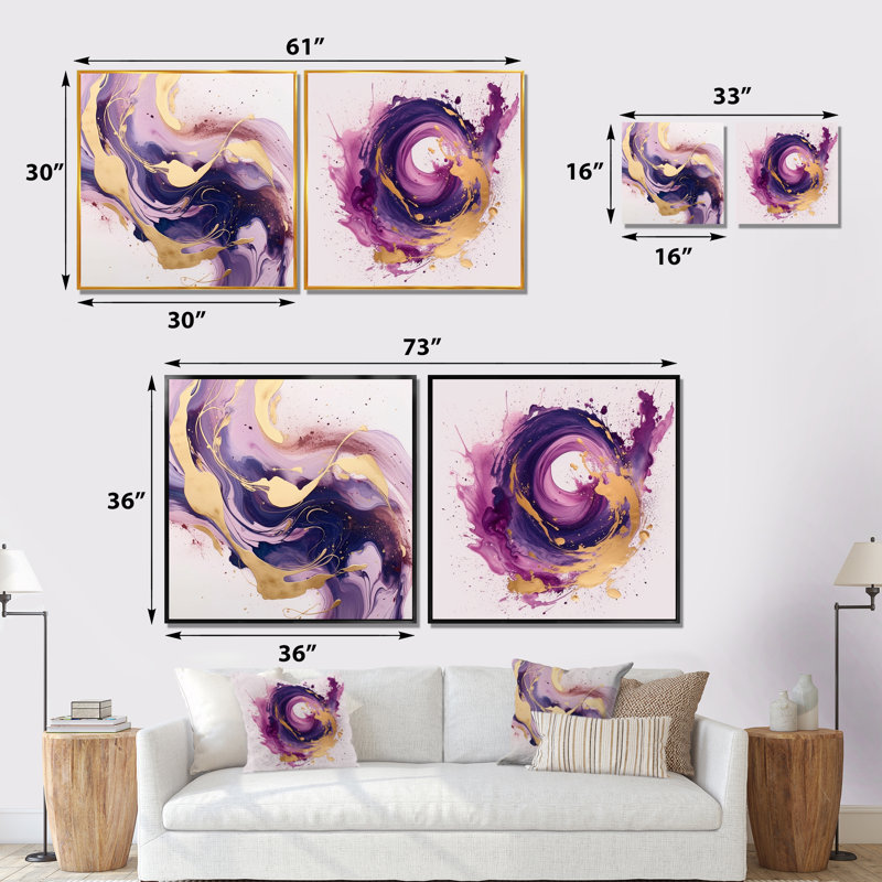 Ensemble de 2 collages carrés violets et roses VI - Fractals, Toile tendue, H 16 po x l 33 po