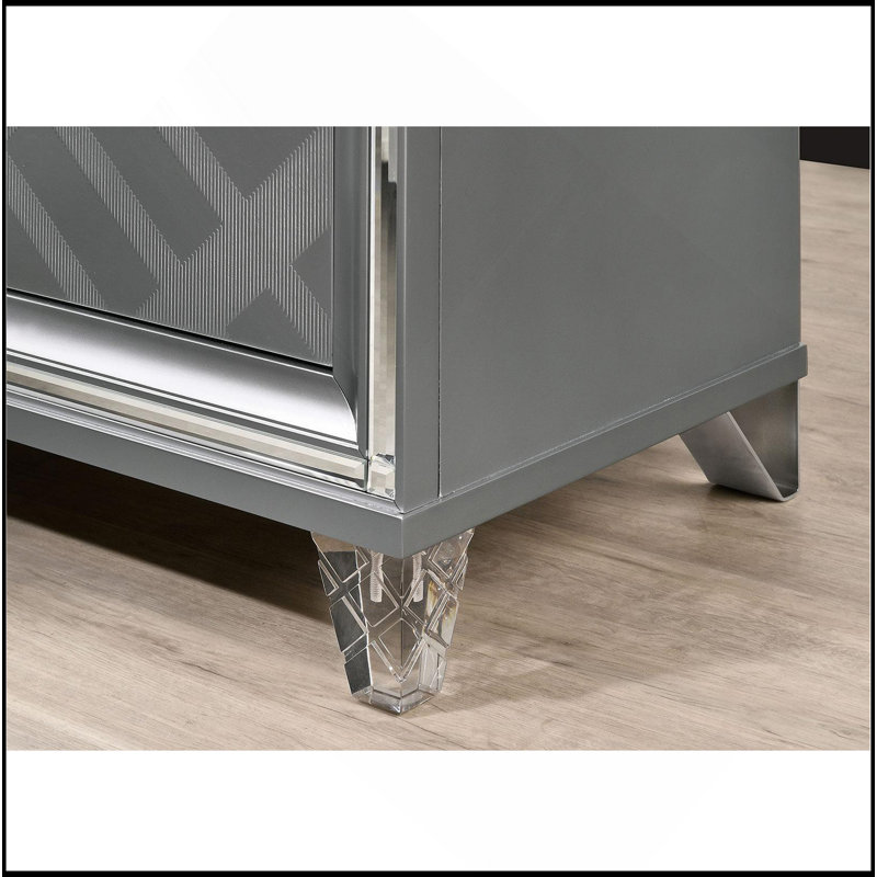 Table de chevet 2 tiroirs avec bordure miroir, argent