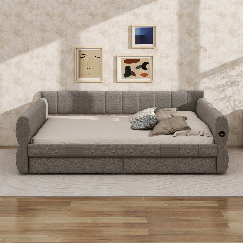 King Size Upholstered Daybed With 2 Drawers, Lambswool Day Bed Frame With USB Ports And Soft Backrest, Gray