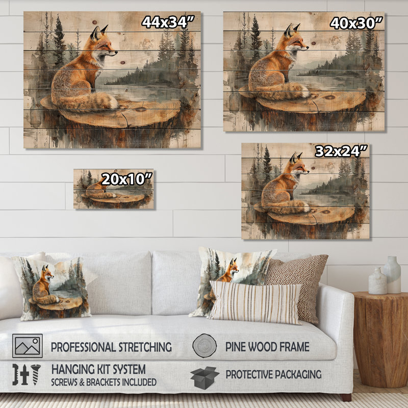 «Silent Fox In Forest Landscape I», art mural animal sur bois de pin naturel, H 10 po x l 20 po