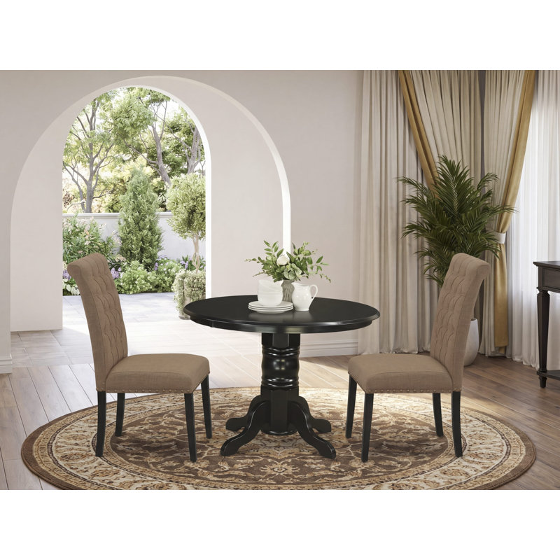 3 Piece Dining Table Set Contains a Round Dining Room Table with Pedestal and 2 Light Sable Linen Fabric Upholstered Chairs, Black