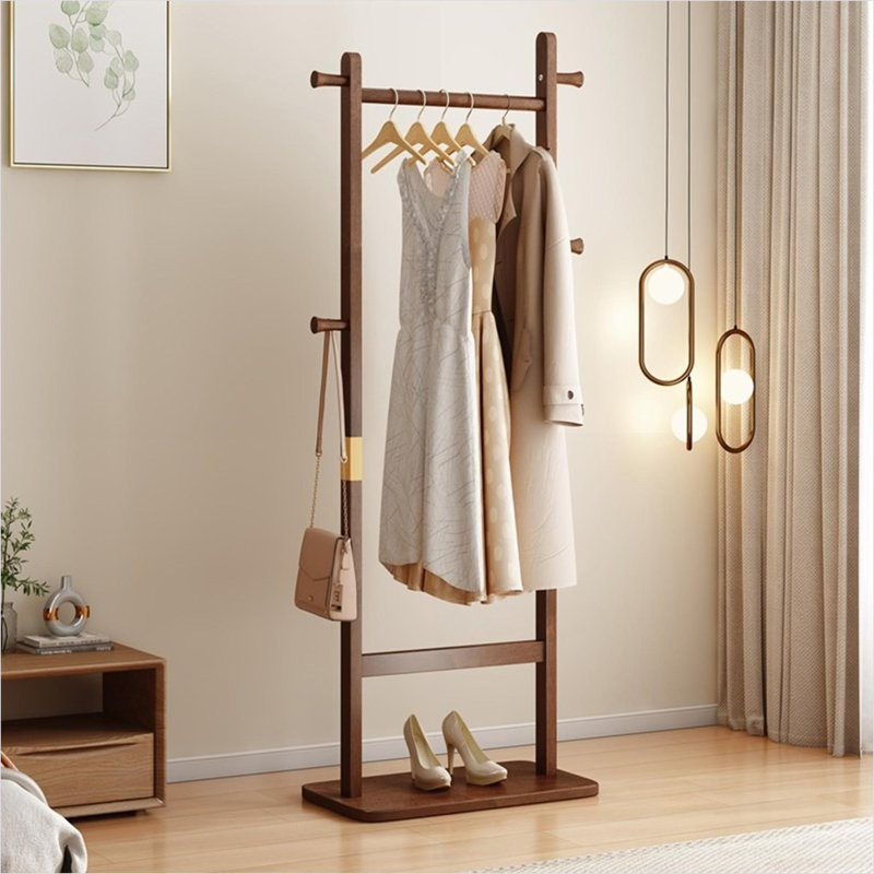  Solid Rubber Wood Free Standing Coat Rack, Walnut Brown, Easy Assembly for Entryway Bedroom Living Room, Brown