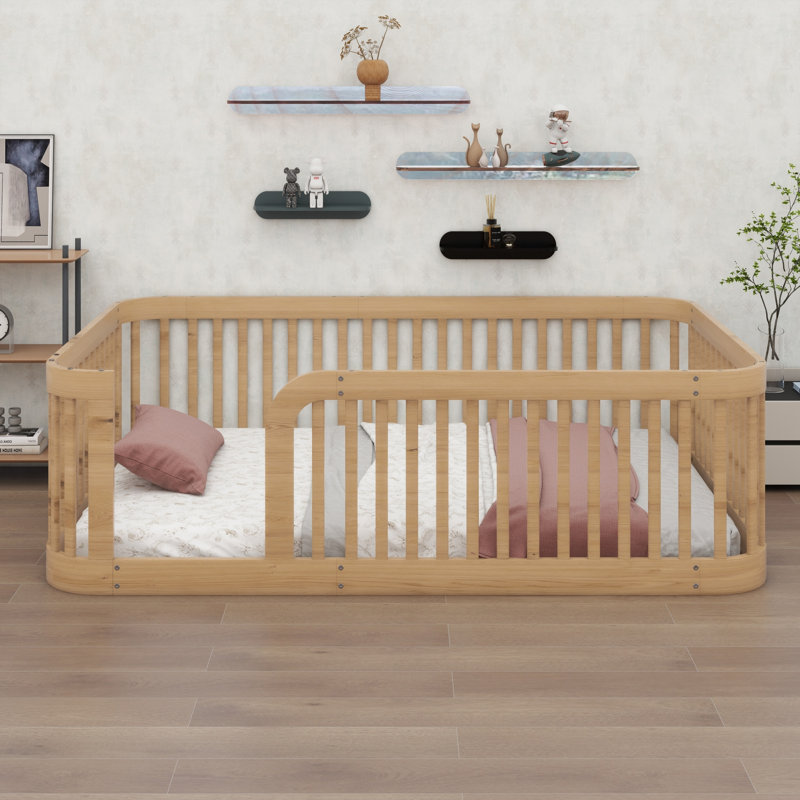 Structure de lit en bois avec clôture, Naturel