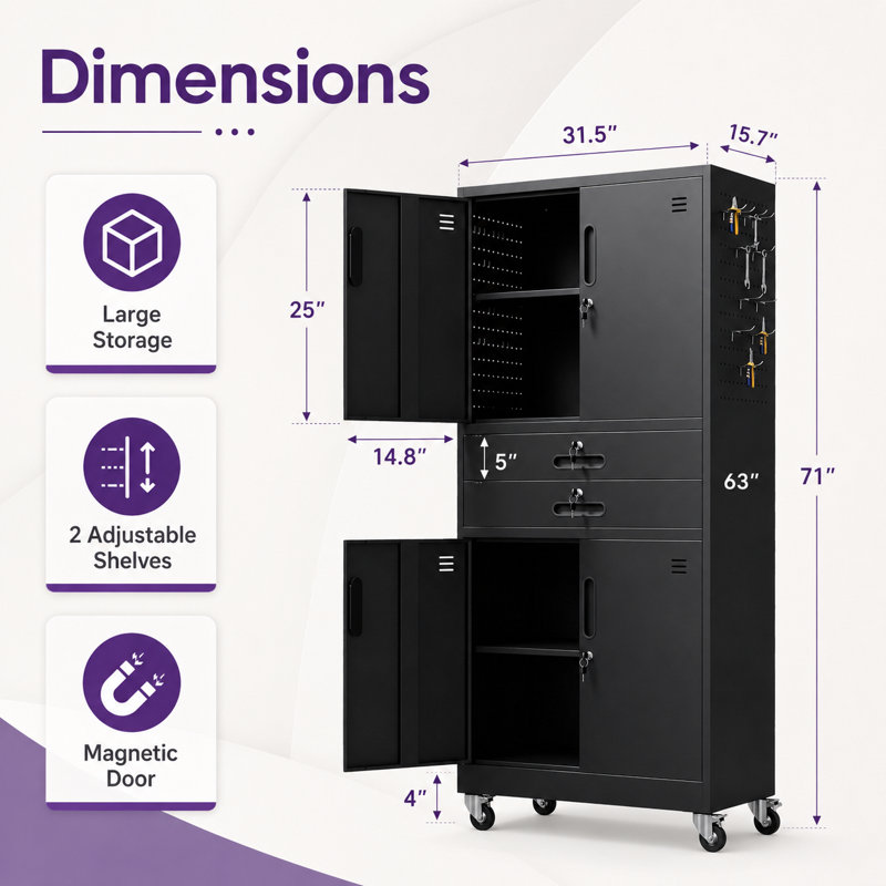 71"H Metal Storage Cabinet with 2 Drawers, Locking Doors & 2 Adjustable Shelves, Heavy-Duty Rolling Garage Tool Cabinet with Pegboard, 8 Hooks & Wheels for Workshop, Utility Room & Home Office