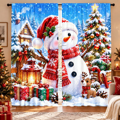 2 pièces bonhomme de neige joyeux Noël, scène d'hiver festive, cerf mignon, arbre étincelant, maison douillette, filtrage de la lumière, protection de la vie privée, passe-tringle, lavable à la machine, convient pour le salon, la chambre à coucher, les rideaux de décoration de maison de vacances, essentia