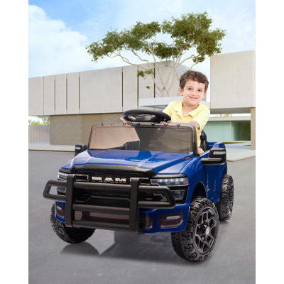 Roue sous licence 12 V pour enfants sur camion, camionnette électrique avec télécommande, suspension à ressort, lumières DEL et musique, deux moteurs 35 W, jouets à monter pour les tout-petits garçons, bleu