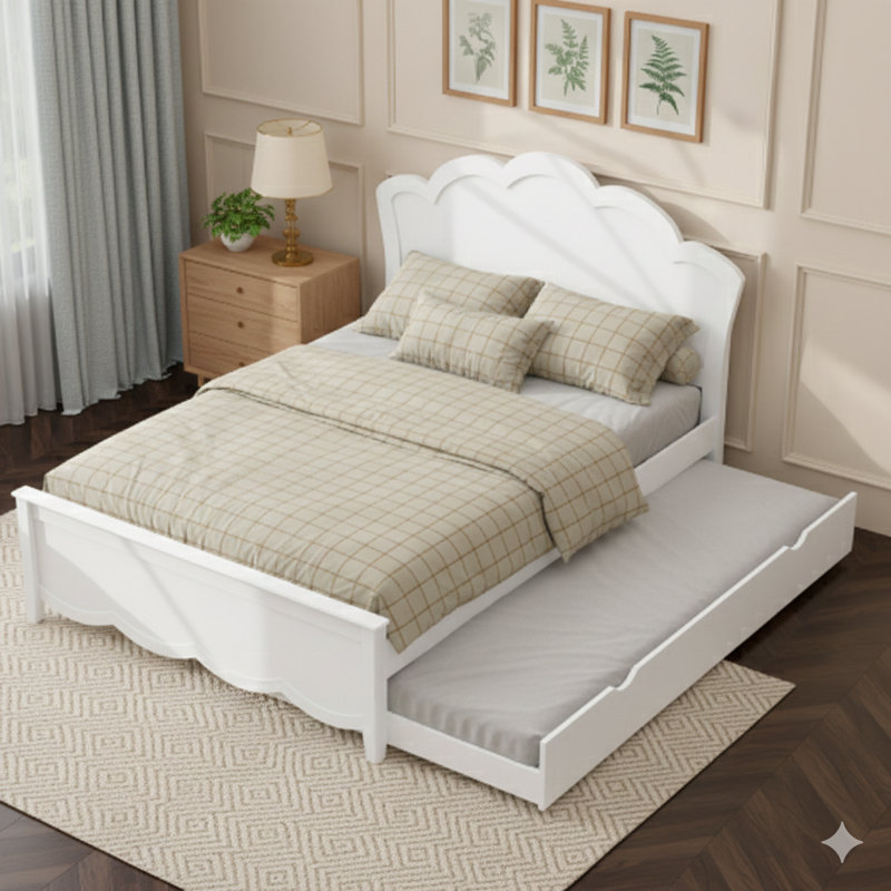 Lit plateforme blanc en bois pleine grandeur avec tête de lit et lit gigogne simple