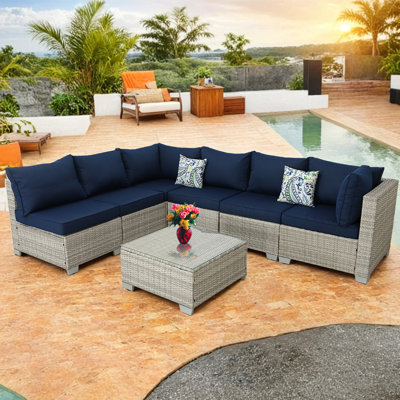 EROMMY 7 PCS Wicker Patio Furniture Set, Outdoor Rattan Sofa Set with Dining Table & Ottomans Soft Cushions for Backyard Garden Poolside Balcony -  Z74-DB