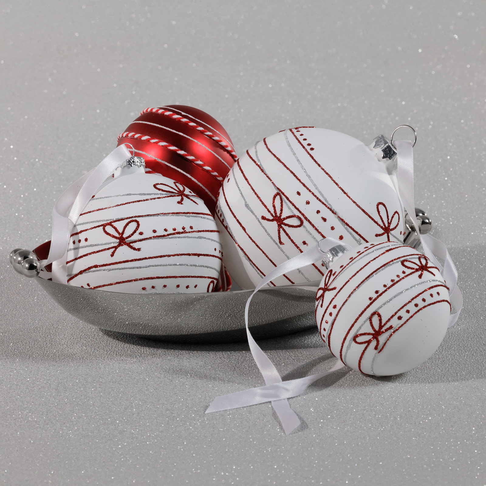 Matte Glass Holiday Ball Ornaments with Red Ribbon Design, Set of 6, 3.25" H x 3.25" W x 3.25" D