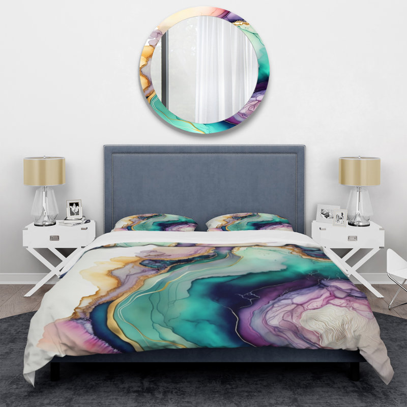Ensemble de housse de couette en marbre vert et mauve abstrait Geode, Housse de couette pour grand lit et 2 taies décor