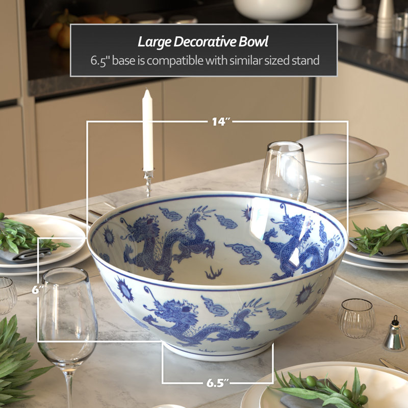 14" Satsuma Ladies & Peacock Porcelain Bowl, Blue Dragon