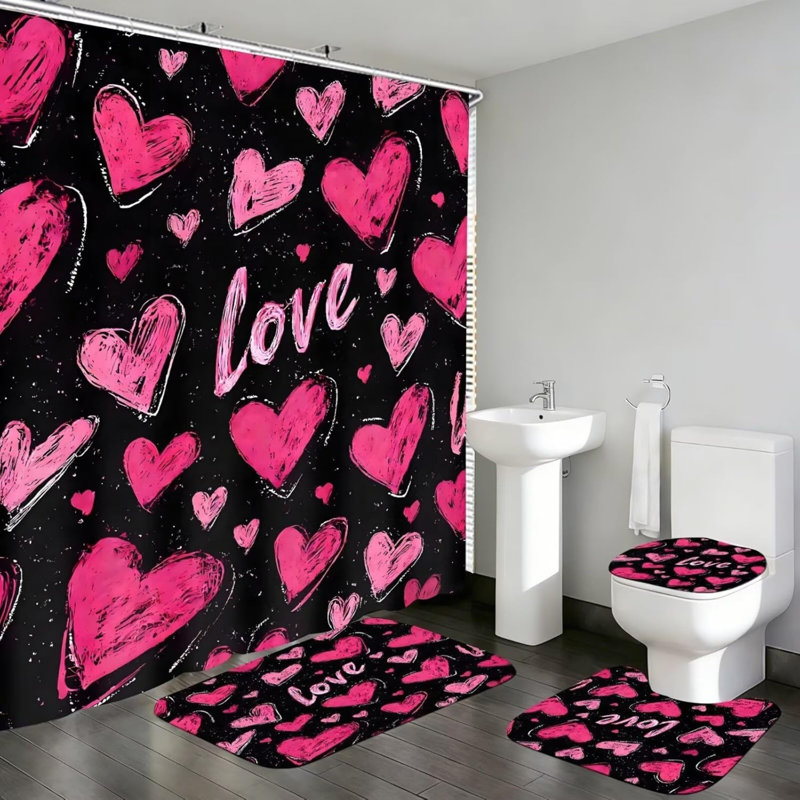 Ensemble de rideaux de douche 4 pièces Love, Pink Geometric