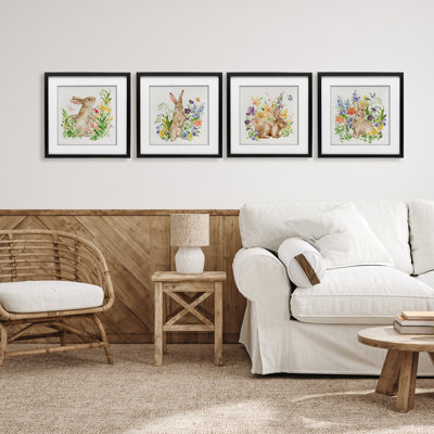«Celebrate Spring Floral Bunnies», ensemble de 4 impressions encadrées sous verre, design par Katrina Pete
