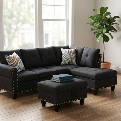 Dark Grey Fabric 3-Piece Sofa Set | Foldable Coffee Table | Copper Nailhead Trim | Storage Ottoman Included