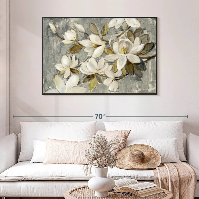 Magnolia simplicité gris neutre, 46 po x 31 po, Cadre flottant noir