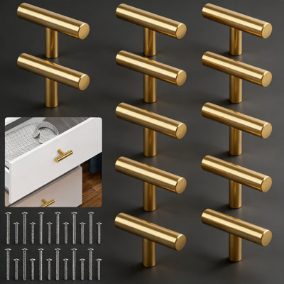 12-Pack Gold Cabinet Knobs, T-Bar Drawer Pulls For Kitchen Bathroom Furniture, Stainless Steel Single Hole Hardware With Screws Included