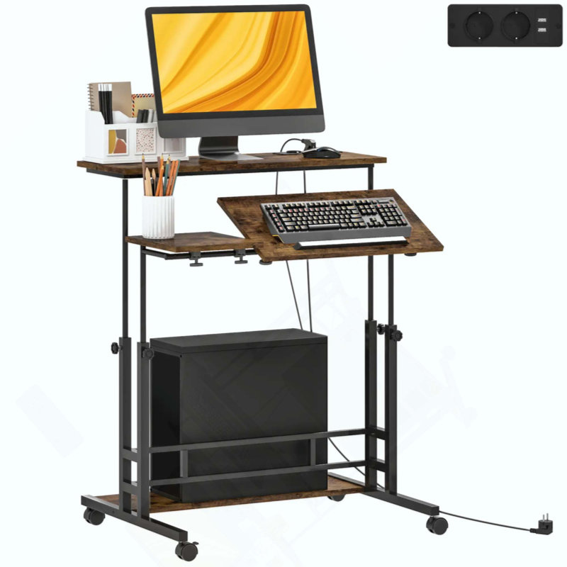 Bureau debout ajustable avec plateau inclinable, roulettes et tablette