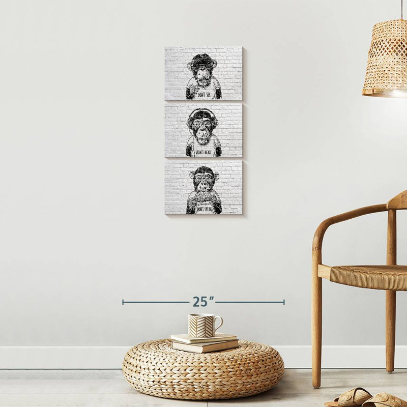 " Three Wise Monkeys BW " by Existencils 3 - Pieces, 27" H x 12" W x 1" D