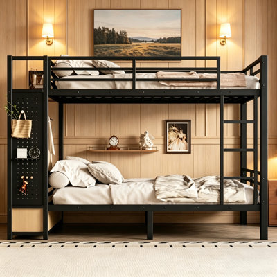 Lit superposé grand sur grand avec tablettes de rangement et tiroirs, lit superposé en métal avec panneau perforé et portemanteau, structure en métal robuste pour adolescents et adultes, conception silencieuse, peu encombrante, sans sommier, noir.