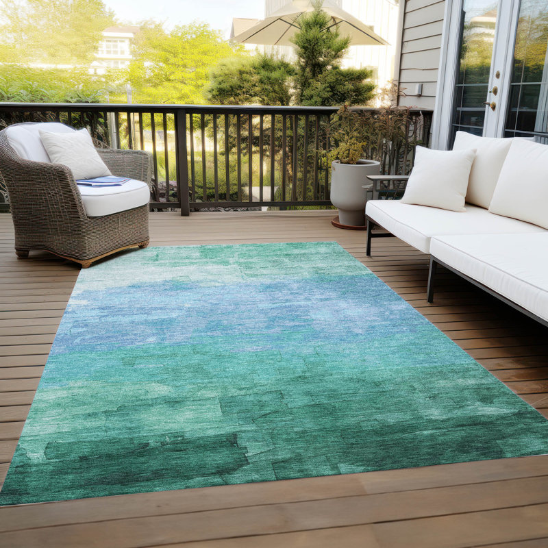 Large Teal and Green Synthetic Washable Striped Rug