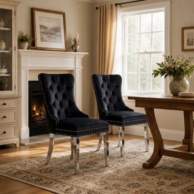 Chaise de salle à manger rembourrée en velours moderne avec dossier capitonné, garniture cloutée