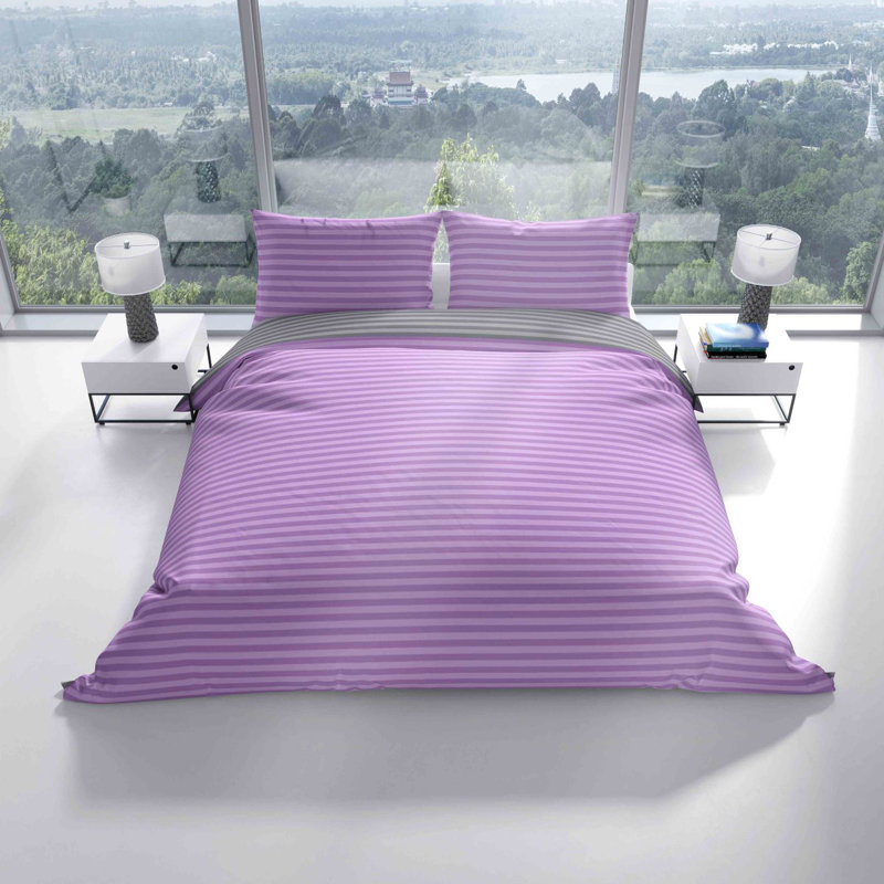 Lonetta Bed Linen Set with Pillowcase, 135 x 200cm + 1 Pillowcase (80 x 80cm), Purple/Grey