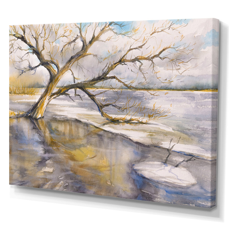 Arbre près de la rivière - peinture sur toile, H 34 po x l 44 po x P 1,5 po, Toile tendue