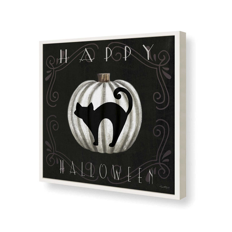 «Happy Halloween Black Cat» par Elizabeth Tyndall, reproduction d'art, L 20 po x H 20 po, Impression encadrée, Blanc