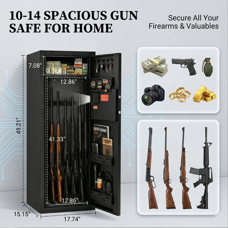Coffre-fort pour fusil à fusil 10-14 Clickoods, armoire à serrure électronique avec lumière DEL et système d'alarme, coffre-fort en acier pour fusils, fusils de chasse et rangement domestique