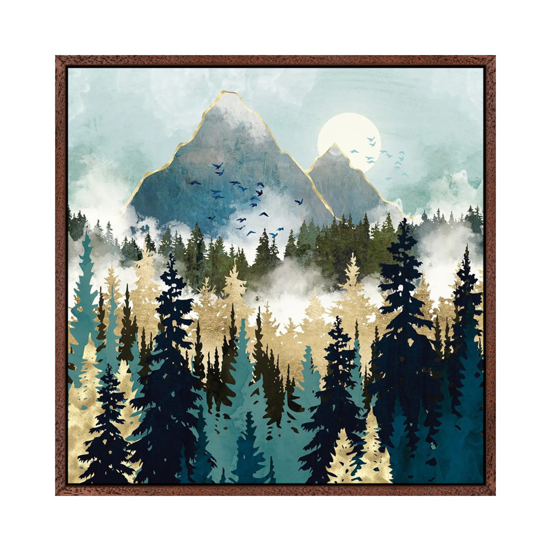 Misty Pines - Print on Canvas, 45.72 cm H x 45.72 cm W, Classic Brown Wood Framed