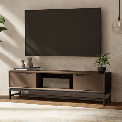 Meuble télé bas en bois massif de style Mid-Century 72 po avec 2 armoires et tablette ouverte Banting