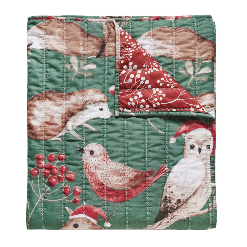 Green and Red Holiday Forest Animals Quilted Throw Blanket