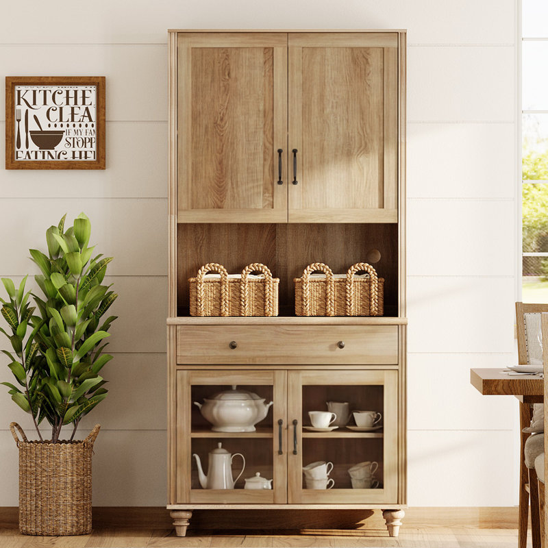 Buffet Corretta avec bar intégré, meuble de cuisine avec portes vitrées et grand espace de rangement, bibliothèque de style campagnard à 5 niveaux avec porte en bois, dosseret pour salle à manger, chêne, 86 cm (34 po)