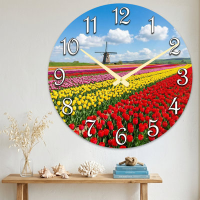 Landscape & Nature Tulip Field Windmill Sky Clock Face Ultra Clear Glass Wall Clock