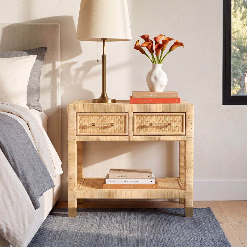 Pilla 2 Drawer Solid Wood and Rattan 25.2" Nightstand