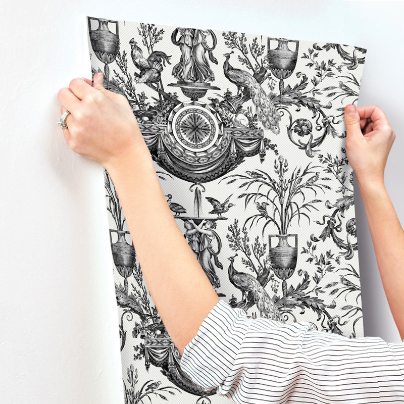Avian Fountain Toile Wallpaper Roll, Black