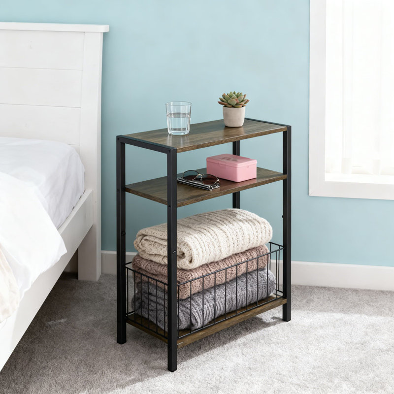 Slim Side Table With Storage Basket, 3-Tier Narrow End Table For Small Spaces, Space-Saving Nightstand For Living Room And Bedroom