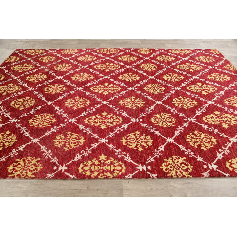 Tapis unique en laine noué à la main rouge et jaune nouvel âge Kashkoli 6 pi 7 po x 9 pi 7 po
