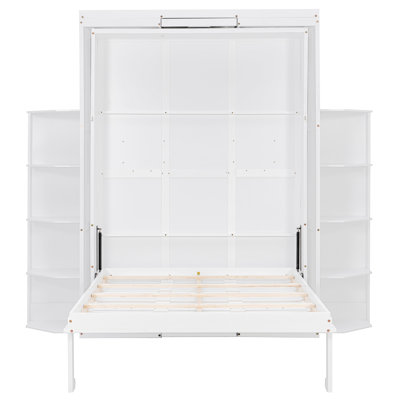 Grand lit escamotable rotatif avec armoire murale cachée, deux tablettes latérales à 3 niveaux, bureau convertible, supports de rangement supplémentaires, lit mural multifonctionnel peu encombrant pour le bureau à domicile et les petites pièces