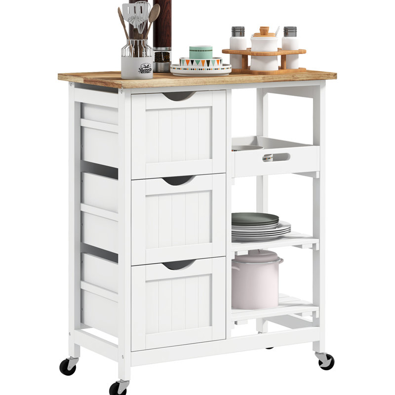 Chariot de service blanc avec tiroirs et plateaux amovibles pour le rangement de la cuisine lors des réceptions.
