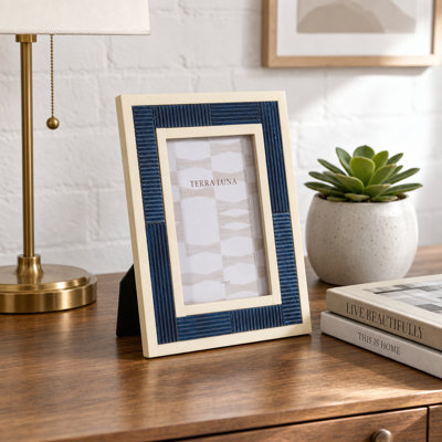 Ribbed Textured Resin Photo Frame for Entryway Display - Decorative Tabletop Picture Frame for Home Decor Accent - Blue & White