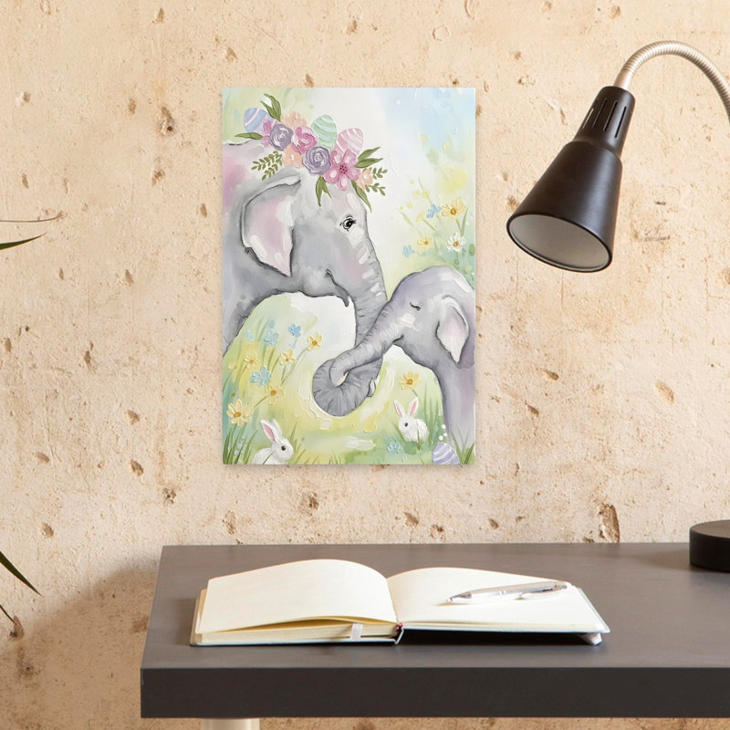 Doux éléphants de Pâques, art abstrait contemporain de paysage floral, H 18 po x l 12 po