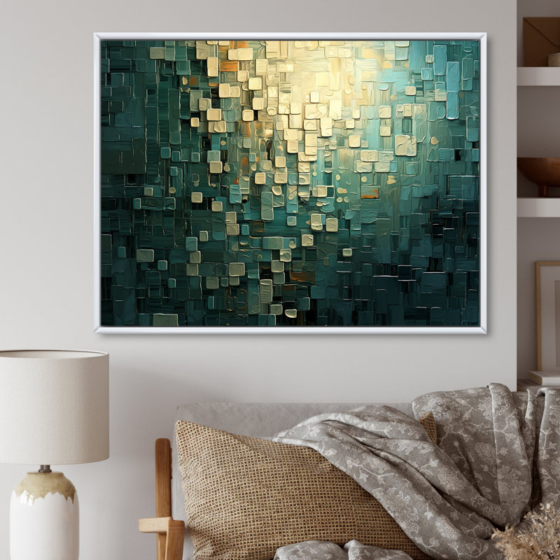 Ambitions of Dreams Retro or et bleu sarcelle - peinture abstraite sur toile, 16" H x 32" W, Cadre flottant blanc
