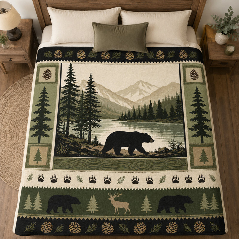 Plaid en flanelle à motif d'ours avec bordure de pommes de pin et de forêt, motif de lac et de montagne, idéal pour canapé, lit, chalet ou chambre d'appoint, 76 x 102 cm