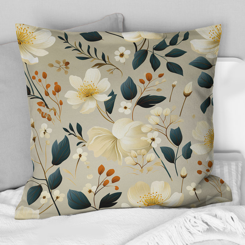 Coussin Minimalisme à motif de fleurs grises et beiges I, H 18 po x l 18 po