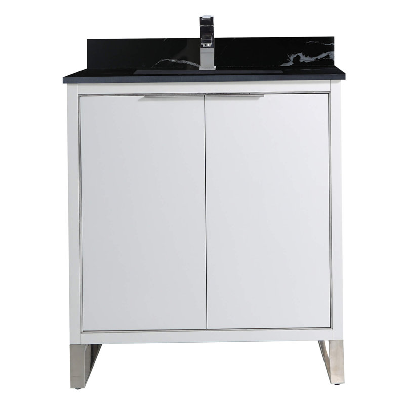 Ensemble de meuble-lavabo simple autoportant 30 po avec plateau en pierre Gesa, Blanc mat, Chrome